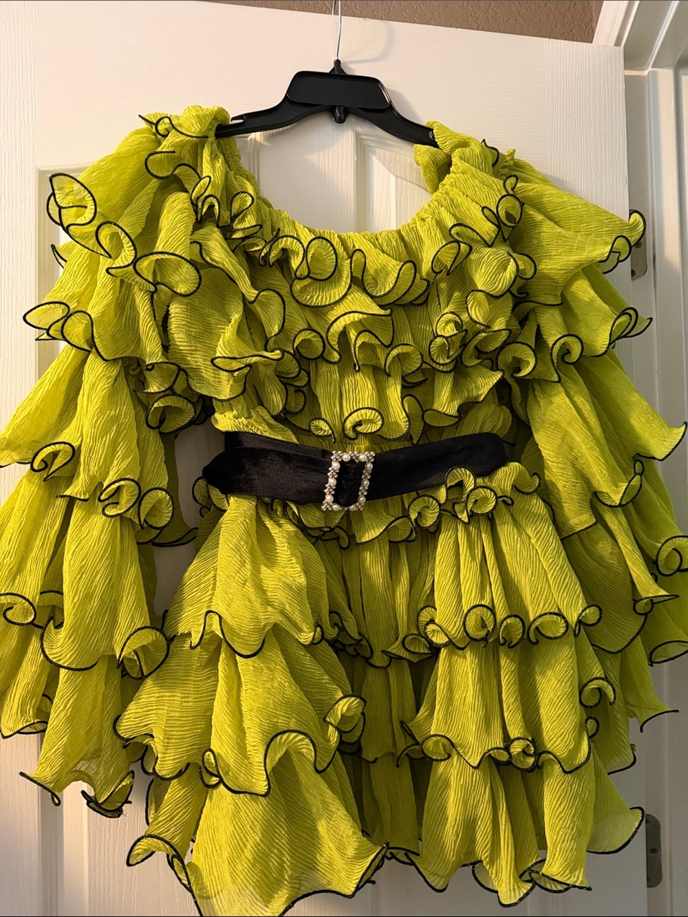 Ruffle Dress with Black Belt - Lime Green
